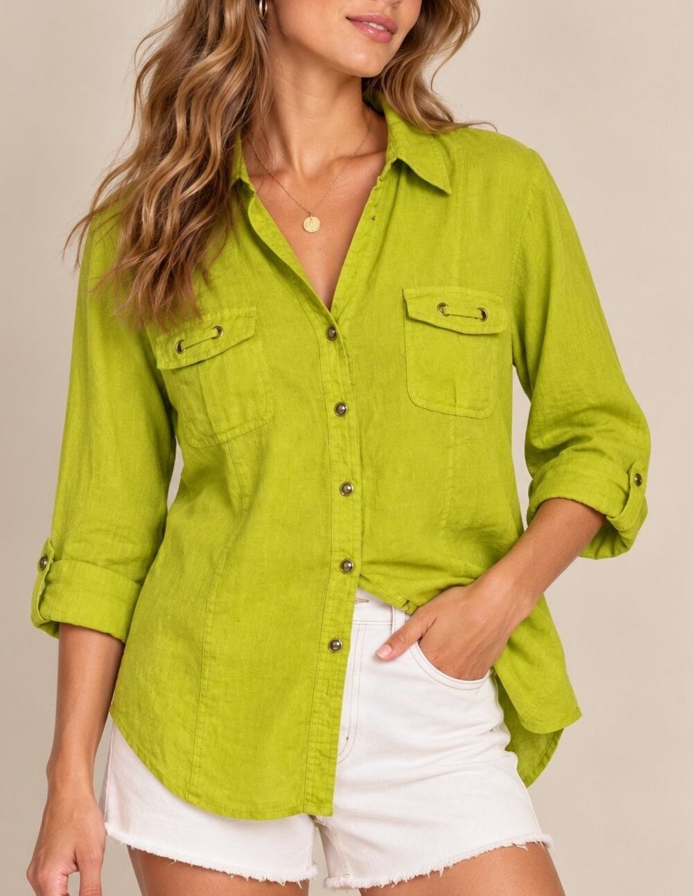 Madewell Womens Linen Button Up Shirt Size M Chartreuse Utility Indie Granola